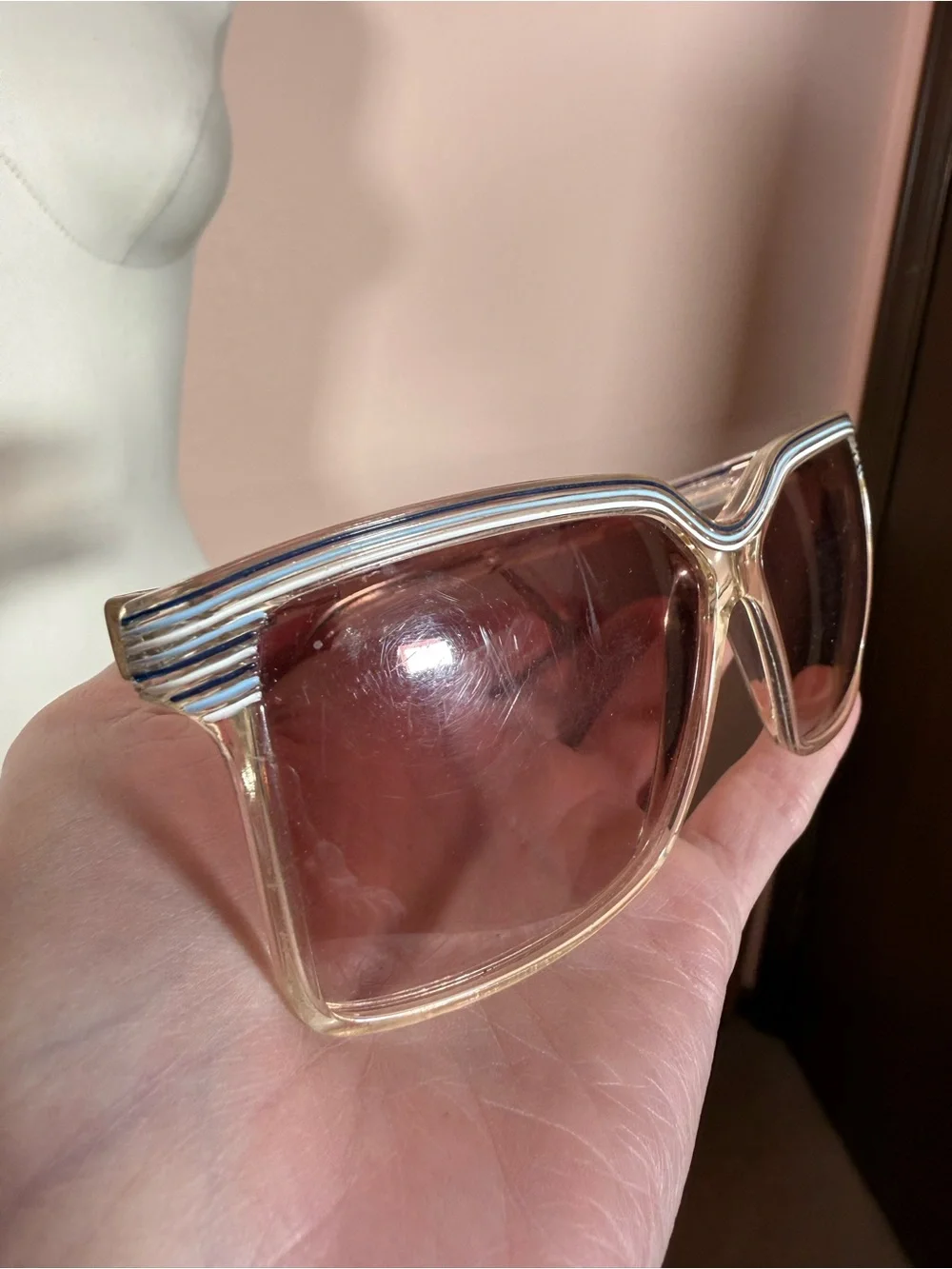 Vintage 1970's Blue white Clear plastic Oversized Grandma Sunglasses